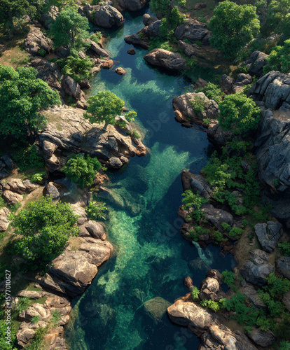 The creek, rock, bird eye view.