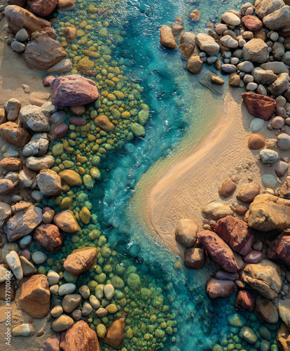 The creek, with smooth pebbles visible, rock, bird eye view.