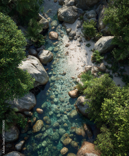 The creek, with smooth pebbles visible, rock, bird eye view.