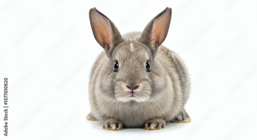 Fototapeta premium Adorable Gray Bunny Stares on White Background with Cutout.