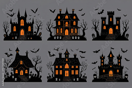 Spooky haunted houses and castles with bats halloween