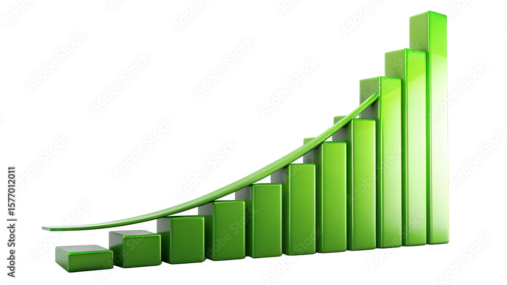 Obraz premium Green bar graph showing growth and success isolated on transparent background