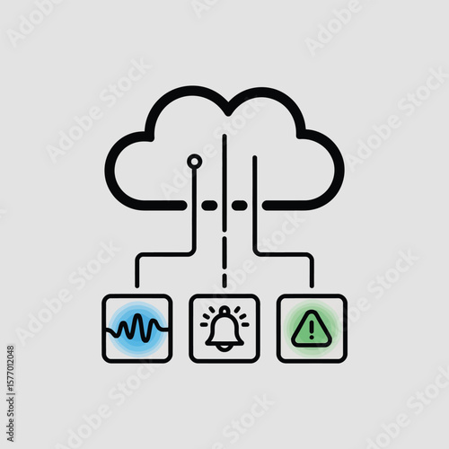 Cloud Server Monitoring System Infographic Alert Notification Data Visualization with Blue Green Light Gray Black Line Art Icons