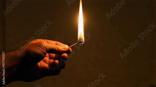 Hand holding lit matchstick in dark room with warm glow  