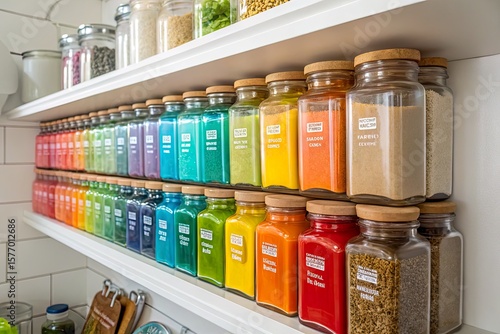 Fototapeta Naklejka Na Ścianę i Meble -  Colorful spice jars neatly arranged on a kitchen shelf, showcasing vibrant hues and organized storage