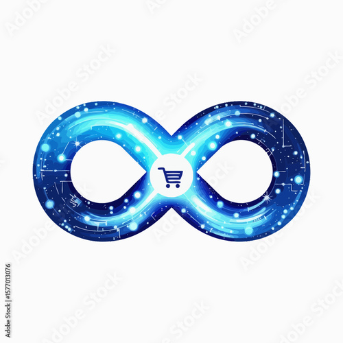 Blue infinity symbol with shopping cart icon and starry background  