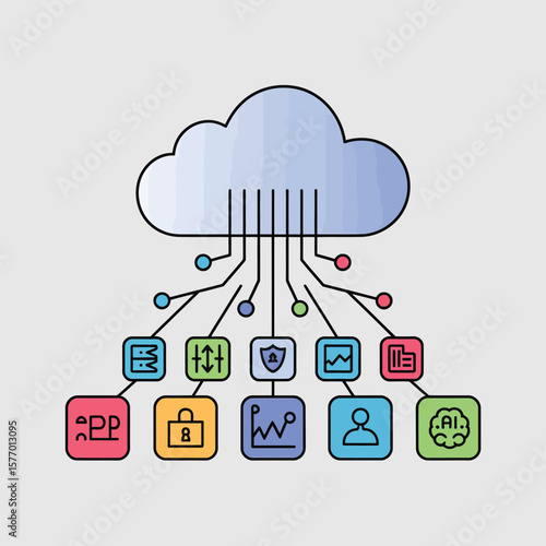 Colorful Vector Illustration Microservices Architecture Cloud Computing Network Connected Applications Data Flow Integration Diverse Software Components