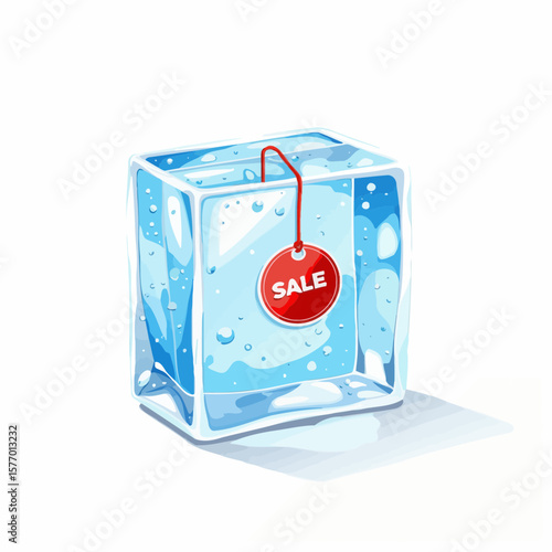 Ice cube with sale tag isolated on white background  