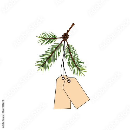 Pine branch with blank tags hanging on white background  