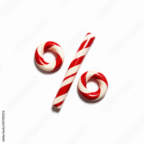 Red and white candy canes arranged in percent symbol on white background  