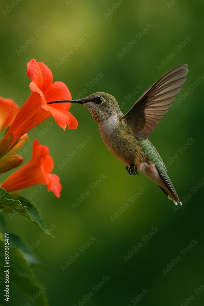 Fototapeta premium Tiny hummingbird hovering with spread wings feeding on bright orange red flower nectar in natural garden wildlife photography