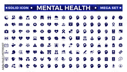 Mental health solid icon set. Containing depression, bipolar, PTSD, panic, and mental disorder icons. Psychology solid symbol vector illustration.