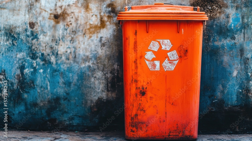 Rusty orange recycling bin against a textured wall Rusty orange recycling bin against a textured wall