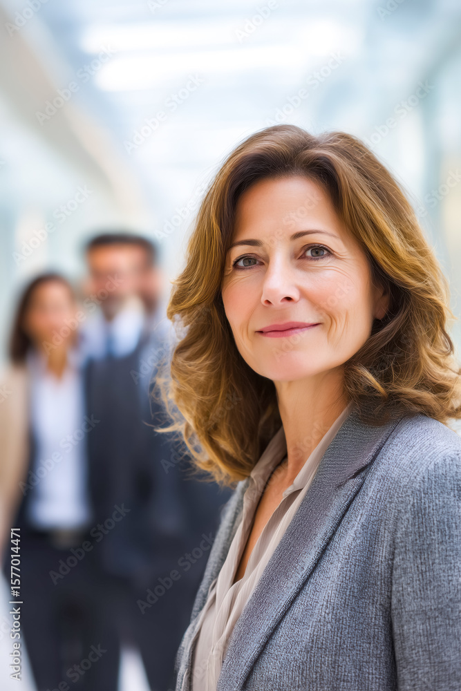 Fototapeta premium Confident businesswoman smiles in a modern office environment, representing leadership and professionalism in the corporate world.