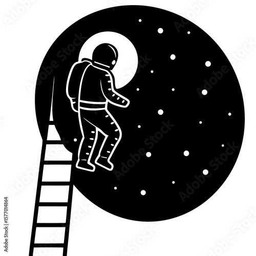 Astronaut descending ladder into starry void space