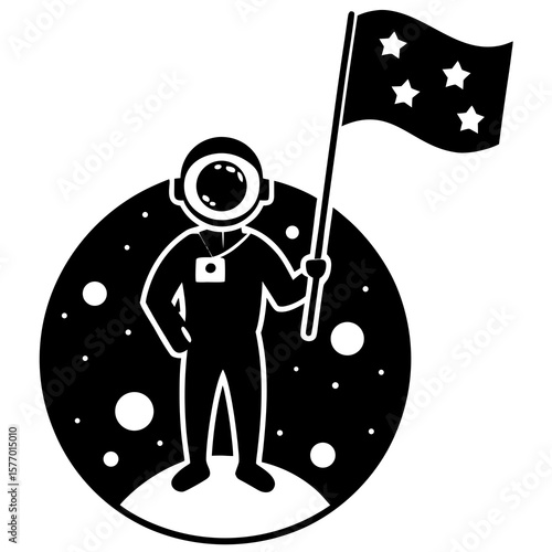 Astronaut planting flag on celestial body space moon