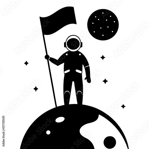 Astronaut planting flag on celestial body space moon