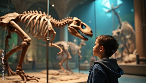 Fototapeta Naklejka Na Ścianę i Meble -  Young boy in blue jacket stands before dinosaur skeleton in museum show. Boy eyes drawn to display. Dinosaur skeleton with head, limbs captures ancient creature. Boy in awe, gazing at skeleton.
