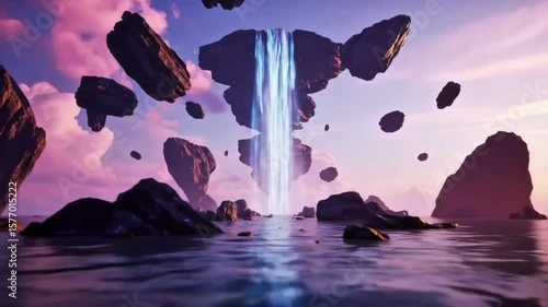 Majestic fantasy waterfall flowing from floating rocks over calm surreal lake at sunset