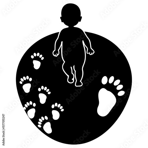 Baby footprints walking across black oval white