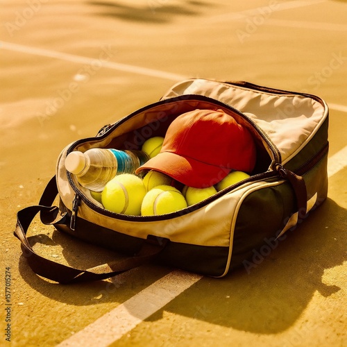Tennis bag with balls, water bottle, and red cap on the court. Symbol of preparation and sports spirit.