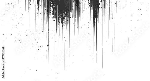 Dark vertical streaks and scattered dark speckles on a white background abstract black