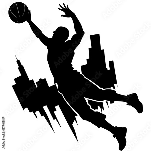 Black silhouette basketball player dunking over city skyline