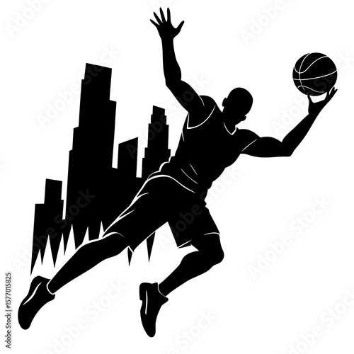 Black silhouette basketball player dunking over cityscape