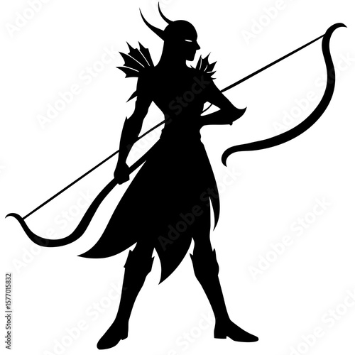 Black silhouette elf archer with bow arrow
