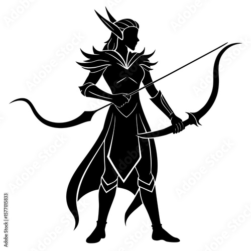 Black silhouette elf archer holding bow arrow