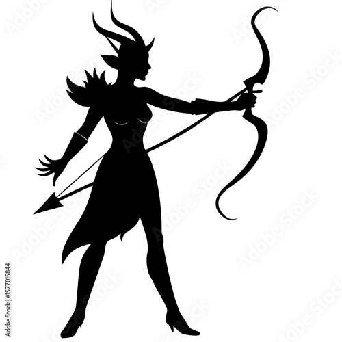Black silhouette elf archer with horns and bow arrow