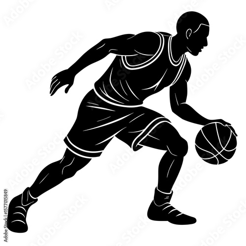 Black silhouette man dribbling basketball player sports
