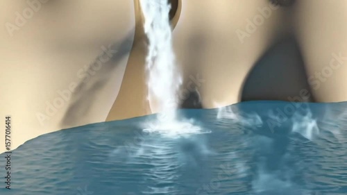 Minimalist artificial waterfall flowing into blue pool in modern spa ambiance, seamless looping 4K time-lapse animation video background