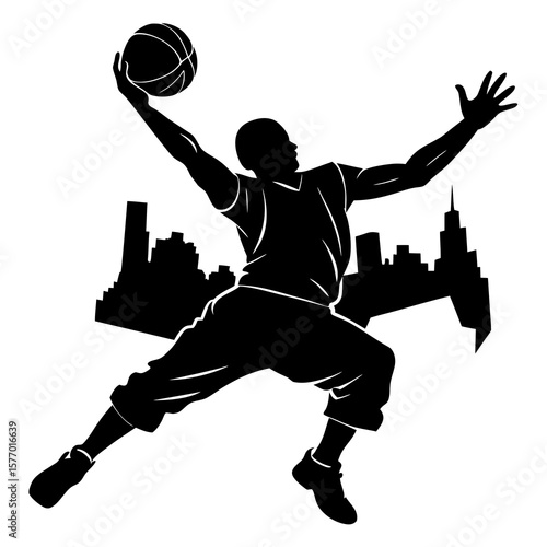 Silhouette basketball player dunking city skyline action