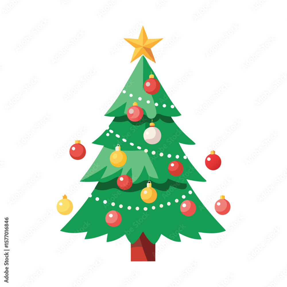 Festive green christmas tree with ornaments and star Festive green christmas tree with ornaments and star