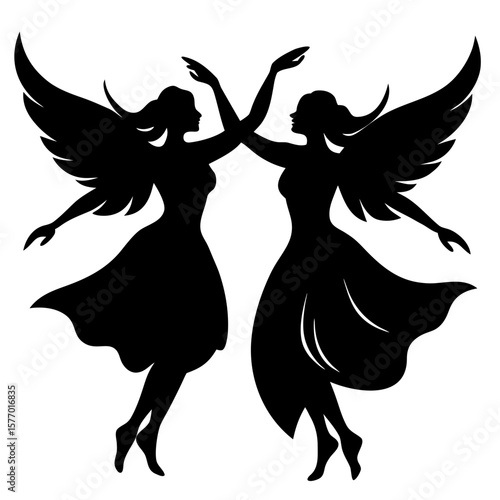Two dancing angels silhouette black white