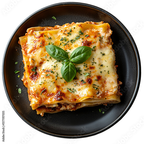 Top view of a delicious looking lasagna with ground turkey on a dark stoneware plate isolated on a white background, well lit, sharp focus, food photography style.