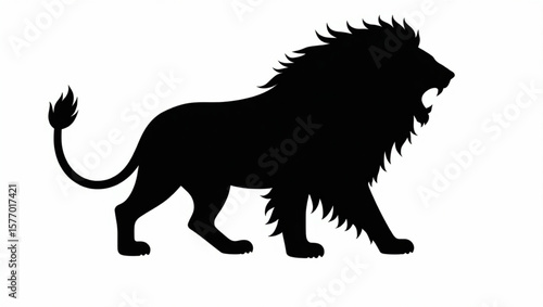 Silhouette of a roaring lion walking, with a bushy mane and tail, against a white background.