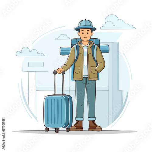 Globetrotter's Journey: A stylish traveler, prepared with a backpack and suitcase, poised for a journey of exploration and discovery, standing at the airport or train station.