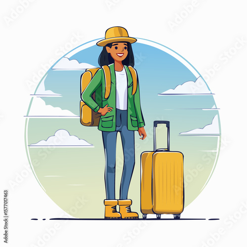 Adventurous traveler with suitcase: A vibrant illustration captures a cheerful traveler, ready for adventure with a suitcase and backpack under a bright sky. 
