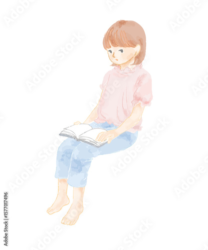 座って本を読む女の子のカラーベクターイラスト