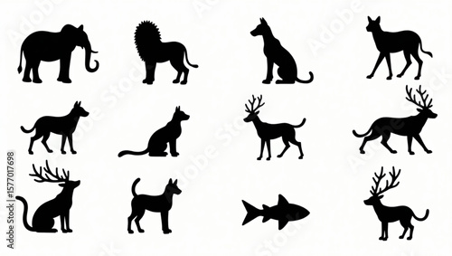 Silhouetted collection of various animals, including elephant, lion, dogs, and deer.