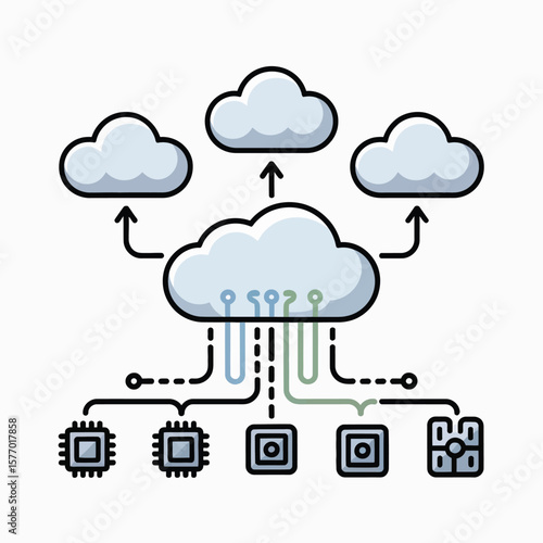 Light Blue Cloud Servers Data Transfer to Dark Gray Computing Devices via Central Cloud Server Illustration Featuring Upward Arrows and Connecting Lines