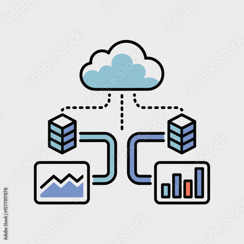 Light Blue Cloud Server Data Synchronization Icon Render Two Blue Data Cubes Connected to Two Data Visualization Panels Featuring Line Art Style and a Minimalist Design