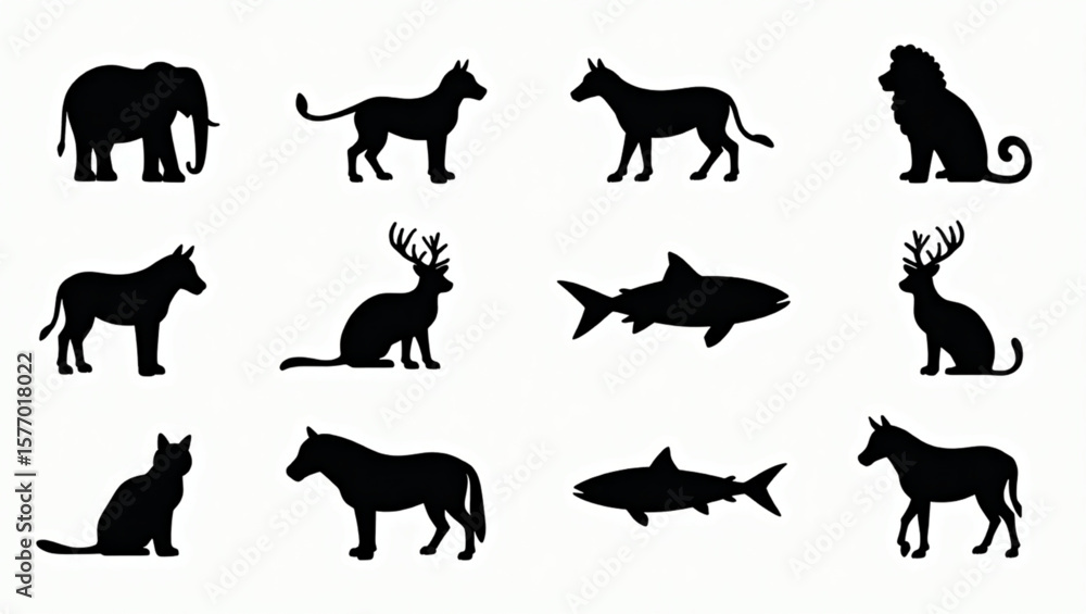 Obraz premium Collection of animal silhouettes including an elephant, lion, shark, cat, deer, horse, and donkey on a white background.