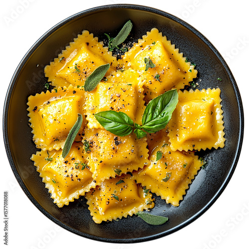 Top view of a delicious looking ravioli with pumpkin filling on a dark porcelain plate isolated on a white background, well lit, sharp focus, food photography style.png