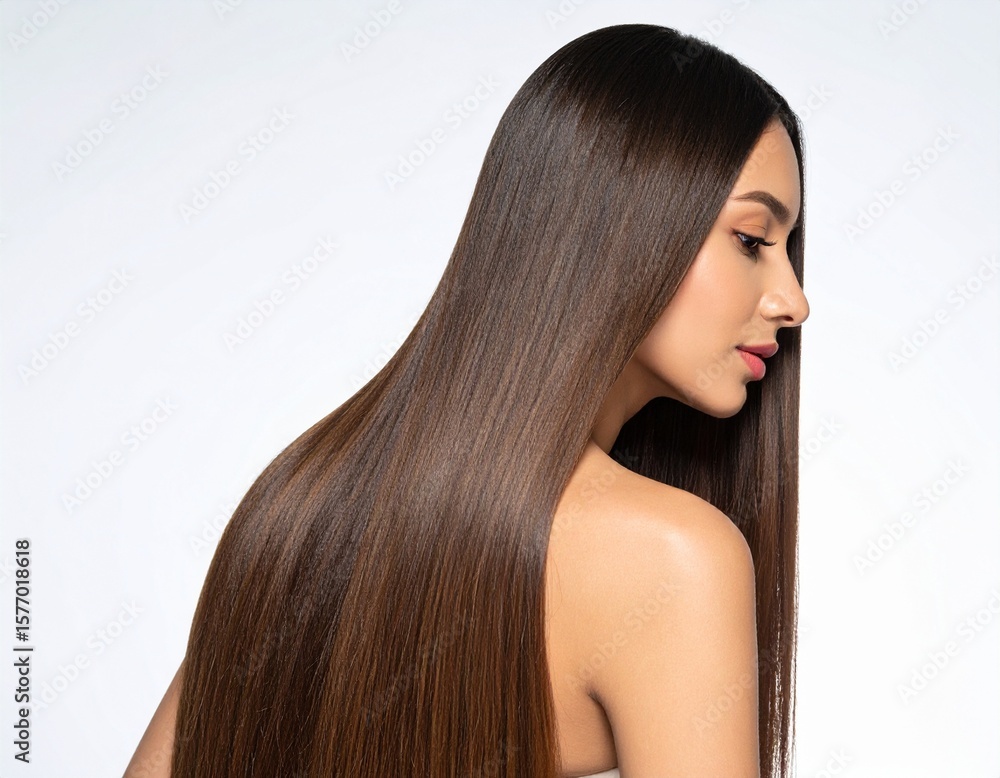 Naklejka premium Woman with Long Straight Brown Hair Healthy Shiny Tresses.