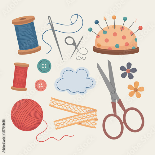 Collection of sewing and crafting supplies including thread spools buttons scissors and yarn