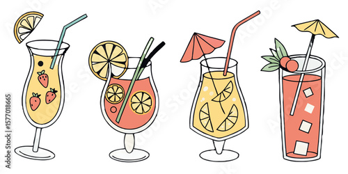 opical Cocktail PNG Bundle – Includes Sex on the Beach, Sea Breeze, Planter's Punch, and Painkiller. Transparent background for easy use. A vibrant mixology set featuring colorful, refreshing drinks w