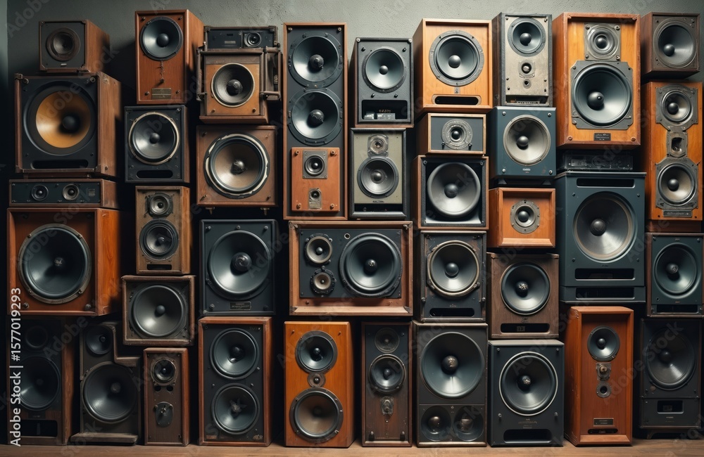 Obraz premium 16 vintage monochrome speakers on black surfaces. Brown wood paneling adorns the walls, rustic charm in music room. Cables connect speakers, contrasting with wood panels.